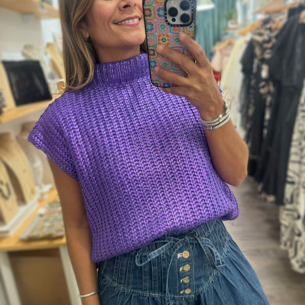 Purple Metallic Knitted Top - Peplum Clothing