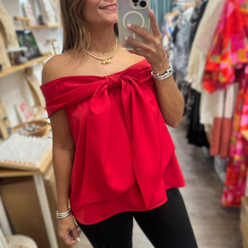 Red Bow Detail Off Shoulder Top - Peplum Clothing