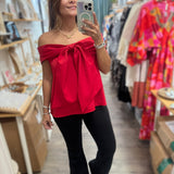 Red Bow Detail Off Shoulder Top - Peplum Clothing