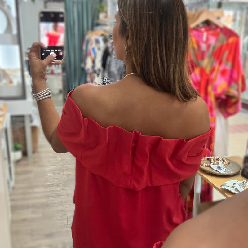 Red Bow Detail Off Shoulder Top - Peplum Clothing