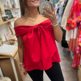 Red Bow Detail Off Shoulder Top - Peplum Clothing