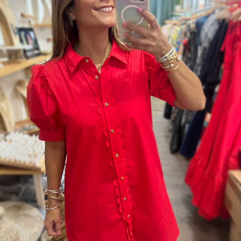 Red Button Down Dress - Peplum Clothing