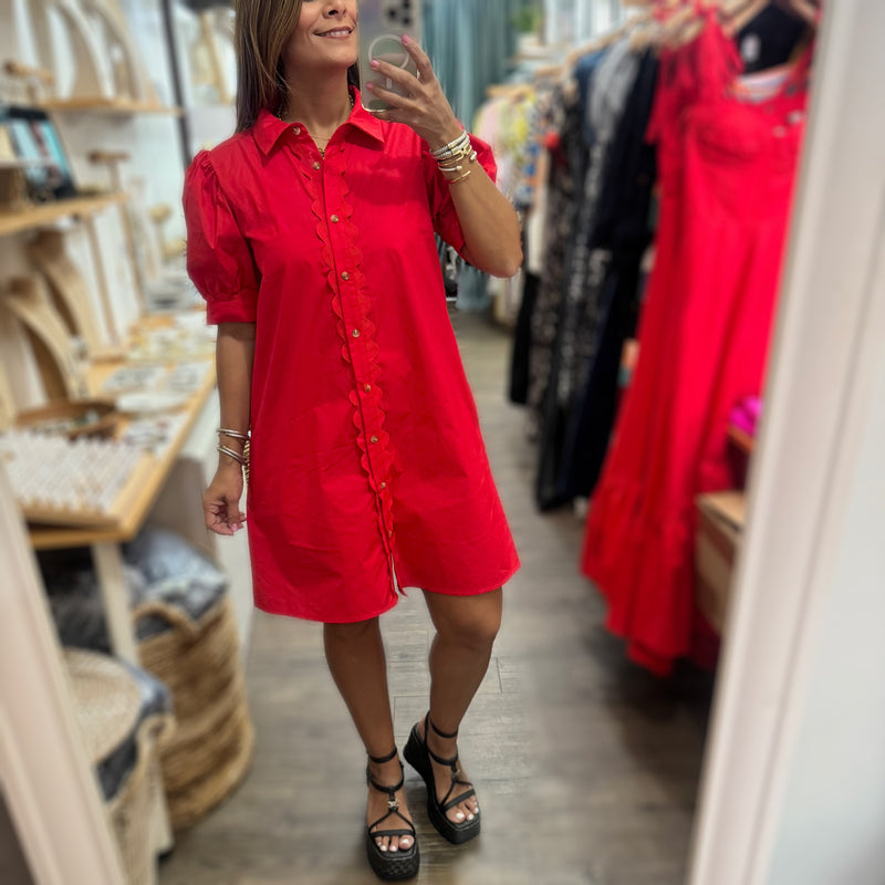 Red Button Down Dress - Peplum Clothing