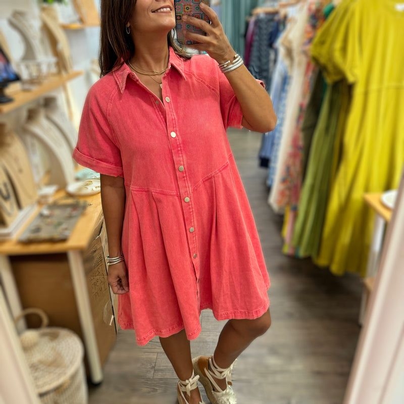 Red Denim Button Down Dress - Peplum Clothing