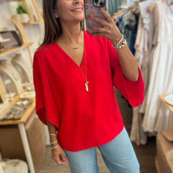 Red Flute Sleeves Top - Peplum Clothing