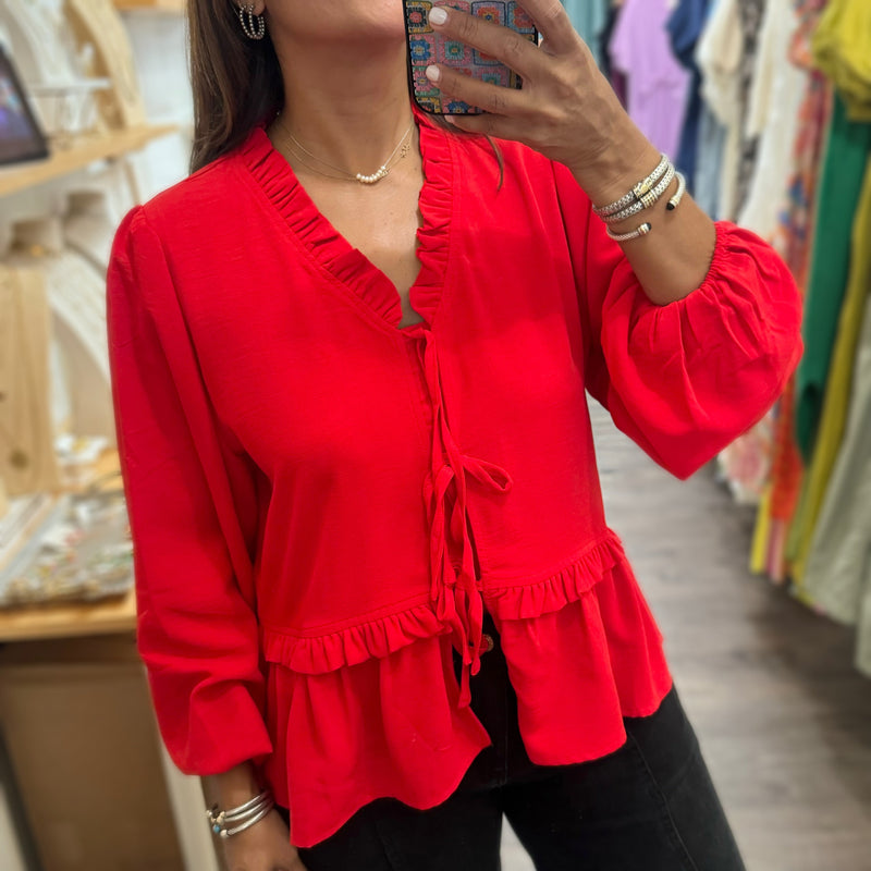 Red Front Ties Top - Peplum Clothing