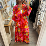 Red Mix Kimono Sleeves Maxi Dress - Peplum Clothing