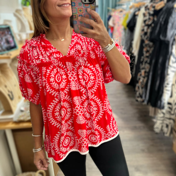 Red Print Trim Detail Top - Peplum Clothing