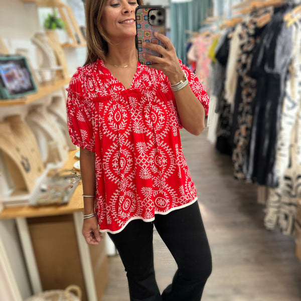 Red Print Trim Detail Top - Peplum Clothing