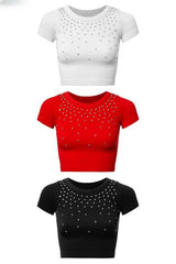 Rhinestone Ribbed Short Sleeve Top - Peplum Clothing