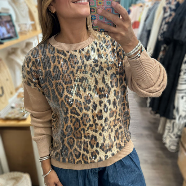 Sequin Leopard Print Sweater - Peplum Clothing