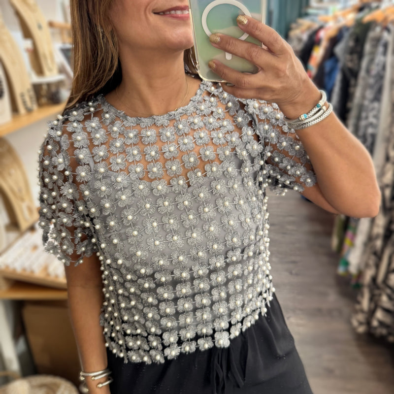 Silver Metallic Pearl Detail Top - Peplum Clothing