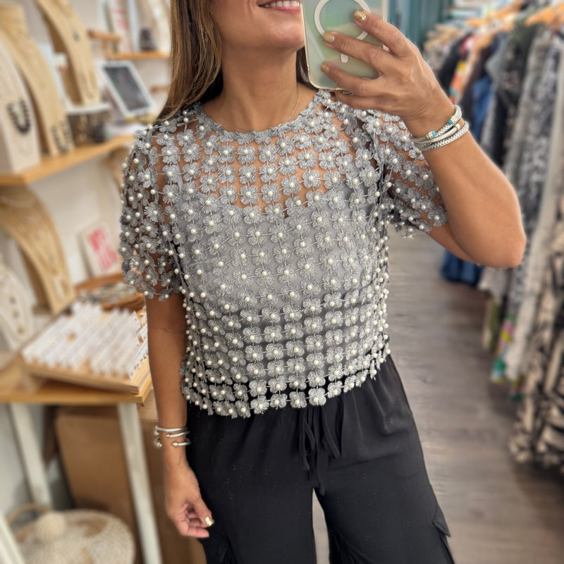 Silver Metallic Pearl Detail Top - Peplum Clothing