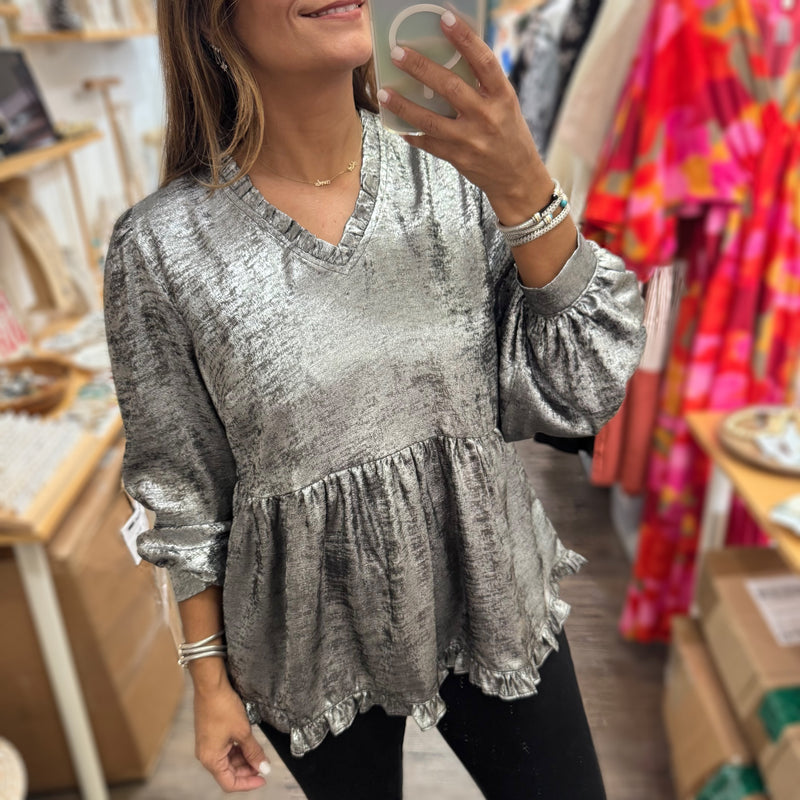 Silver Metallic V - Neck Top - Peplum Clothing