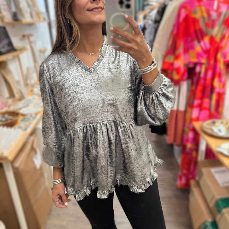 Silver Metallic V - Neck Top - Peplum Clothing