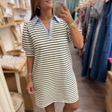 Striped Collared Neck Dress - Peplum Clothing