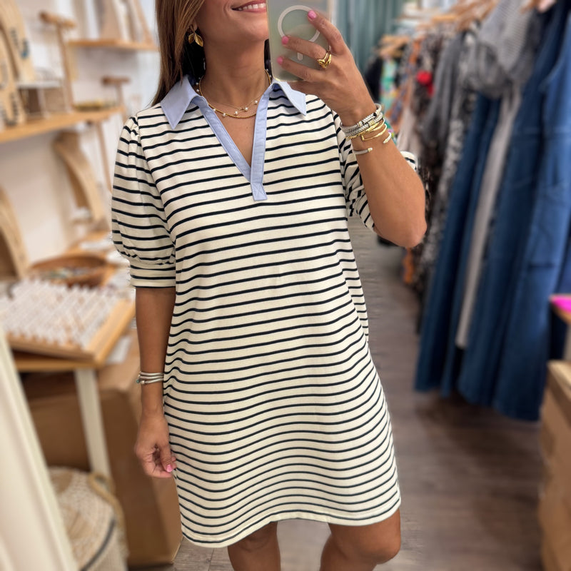 Striped Collared Neck Dress - Peplum Clothing