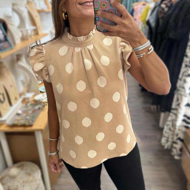 Taupe Polka Dots Top - Peplum Clothing