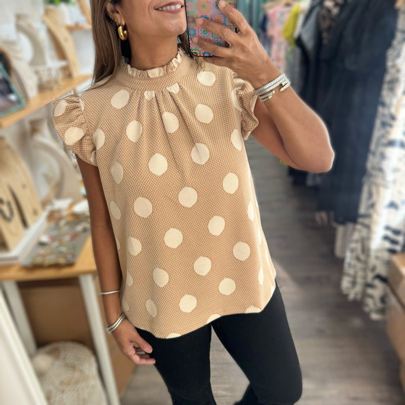 Taupe Polka Dots Top - Peplum Clothing