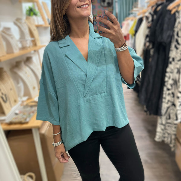 Teal Collar Neck Top - Peplum Clothing