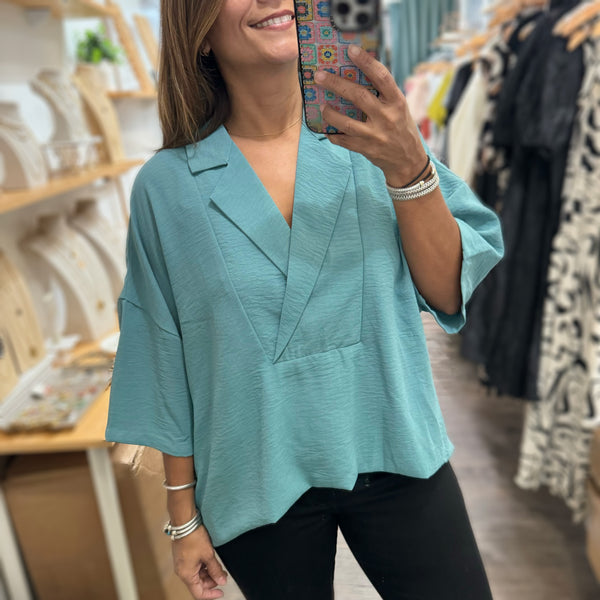 Teal Collar Neck Top - Peplum Clothing