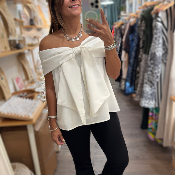 White Bow Detail Off Shoulder Top - Peplum Clothing