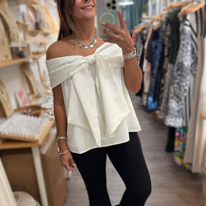 White Bow Detail Off Shoulder Top - Peplum Clothing