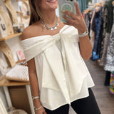 White Bow Detail Off Shoulder Top - Peplum Clothing