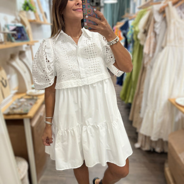 White Lace Detail Button Down Dress Peplum Clothing