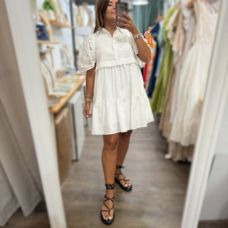 White Lace Detail Button Down Dress - Peplum Clothing