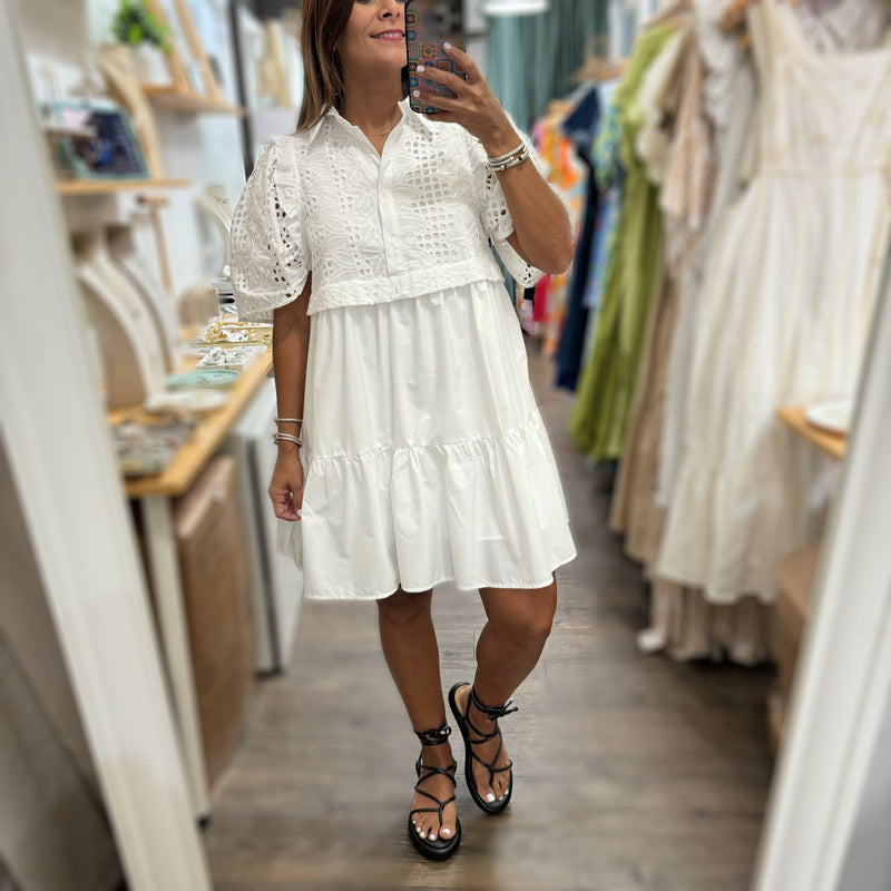 White Lace Detail Button Down Dress - Peplum Clothing