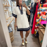 White & Navy Puff Sleeves Dress - Peplum Clothing