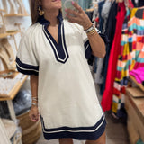 White & Navy Puff Sleeves Dress - Peplum Clothing