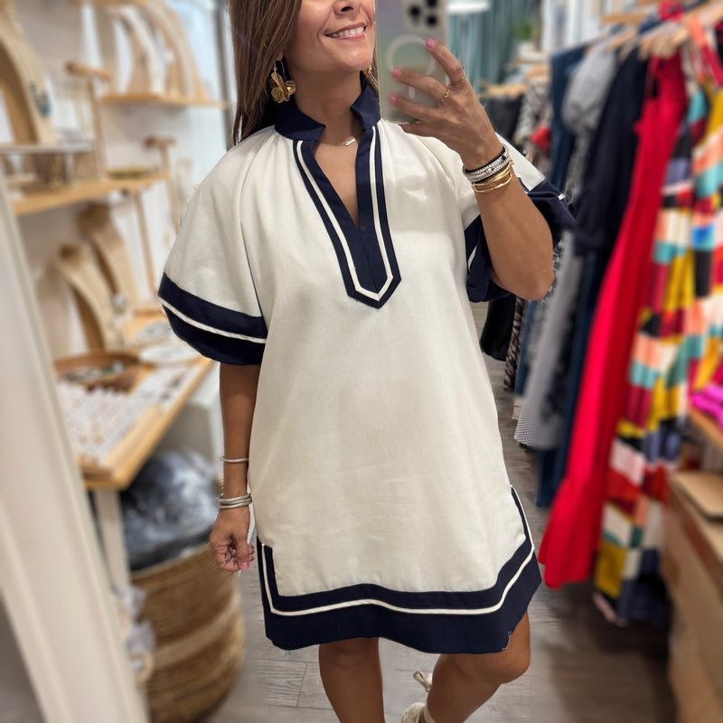 White & Navy Puff Sleeves Dress - Peplum Clothing