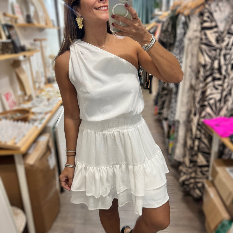 White One Shoulder Dress - Peplum Clothing