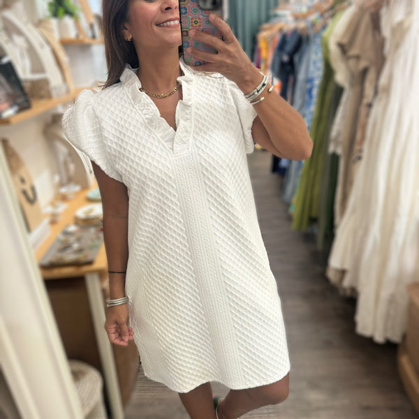 White Textured Dress - Peplum Clothing