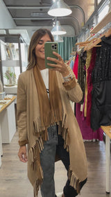 Camel Faux Suede Fringe Long Jacket