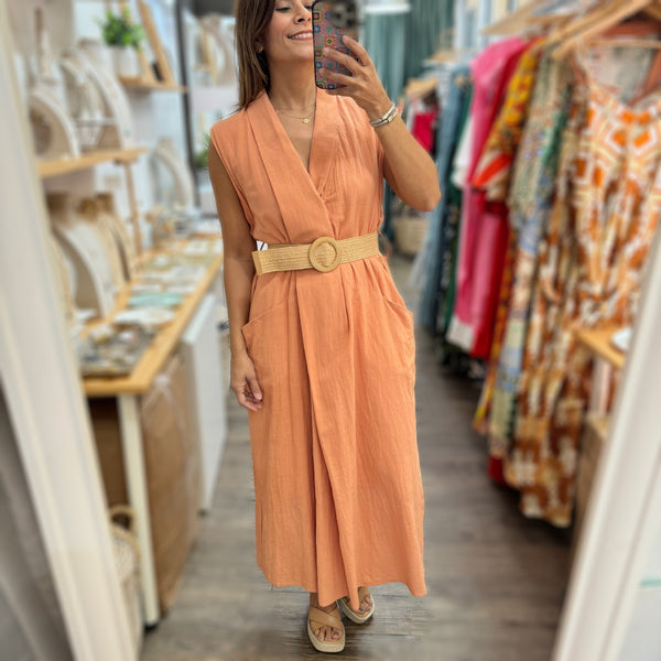Apricot Midi Dress w/Belt - Peplum Clothing