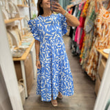 Blue Brushstrokes Print Maxi Dress - Peplum Clothing