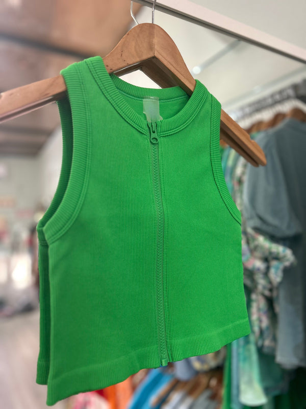 Green Front Zipper Tank Top - Peplum Clothing