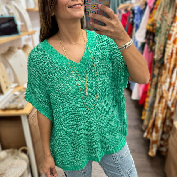 Green V-Neck Knitted Top - Peplum Clothing