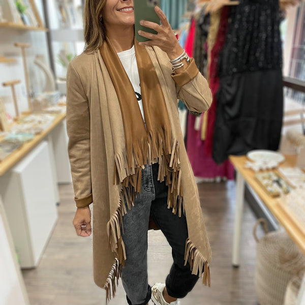 Camel Faux Suede Fringe Long Jacket