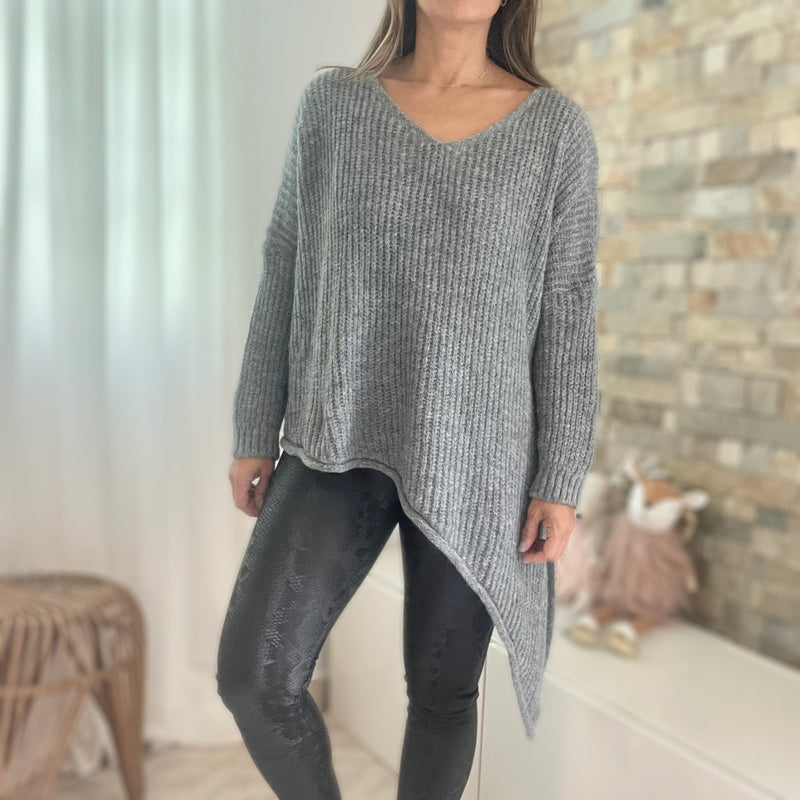 Grey Asymmetrical V-Neck Sweater