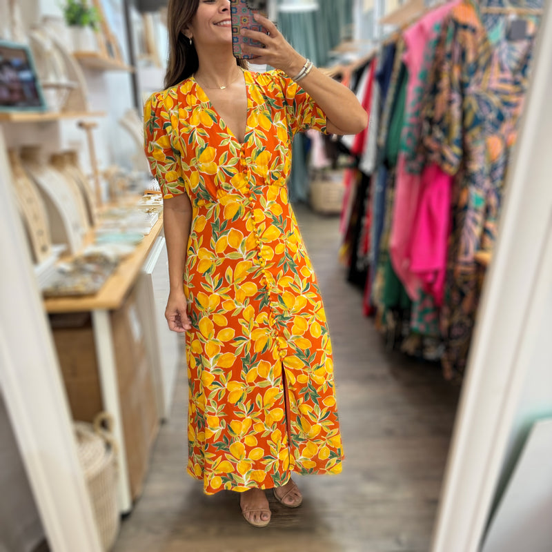 Lemon Print Button Down Dress - Peplum Clothing