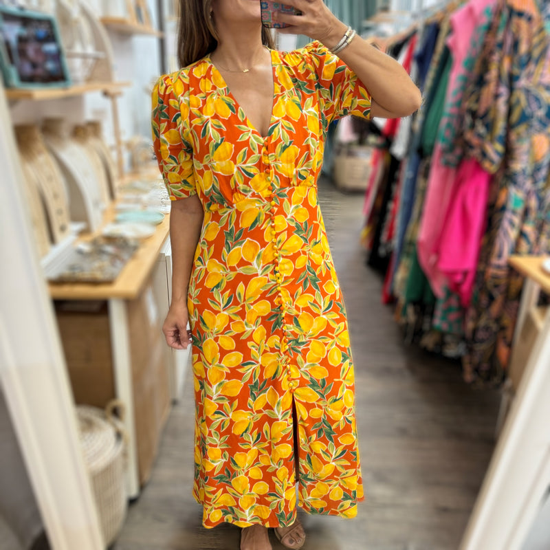 Lemon Print Button Down Dress - Peplum Clothing