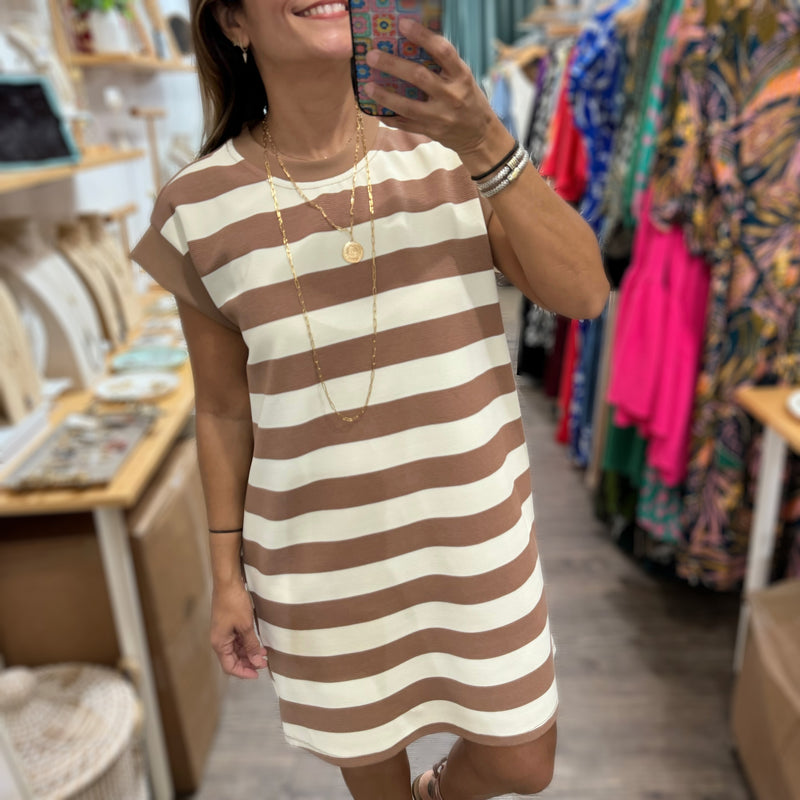 Mocha Striped T-Shirt Dress - Peplum Clothing