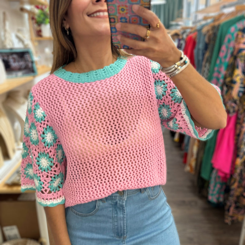 Pink Crochet Sleeve Detail Top - Peplum Clothing