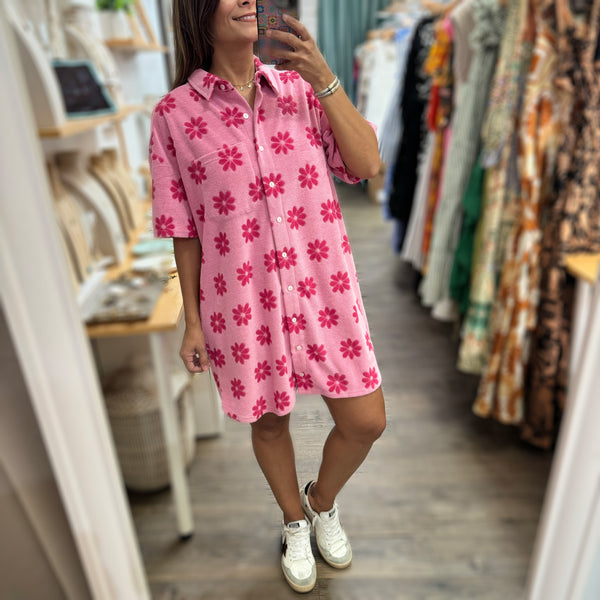 Pink Flower Print Terry Dress - Peplum Clothing