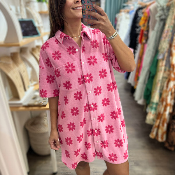 Pink Flower Print Terry Dress - Peplum Clothing