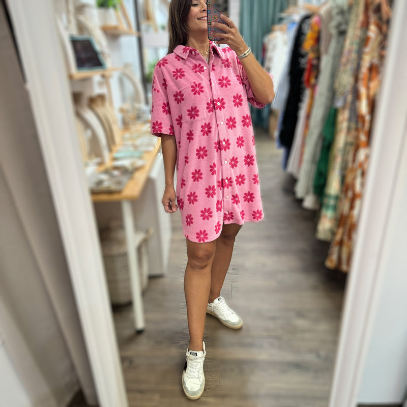 Pink Flower Print Terry Dress - Peplum Clothing